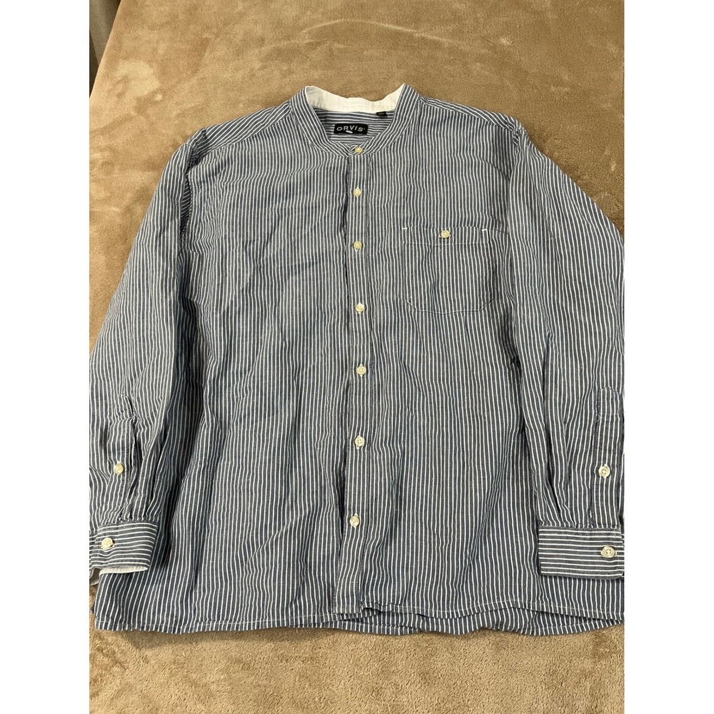 Orvis Grandfather Dress Shirt Men's 2XL Blue Striped Linen Long Sleeve GOOD
